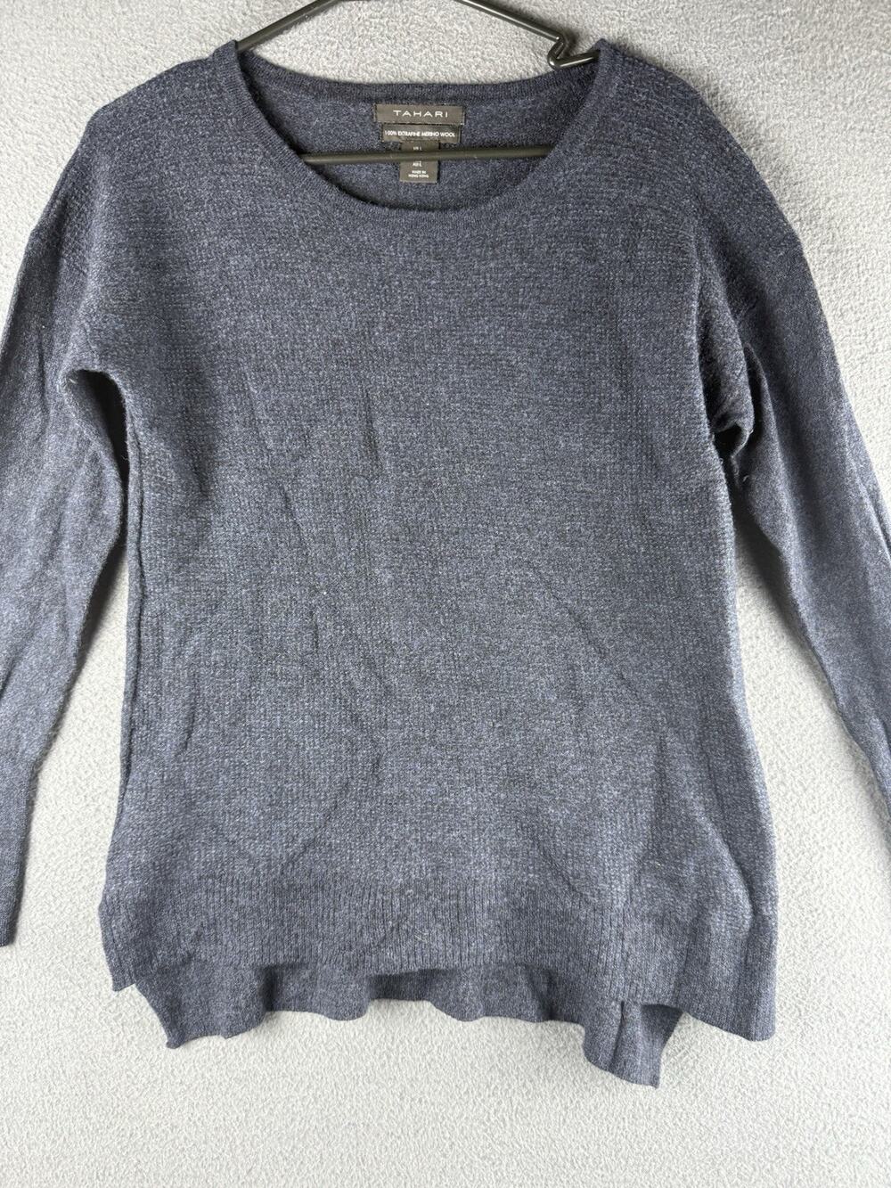 Tahari L Blue Extrafine Merino Wool A-Line Sweater Minimalist Soft Cozy Coastal